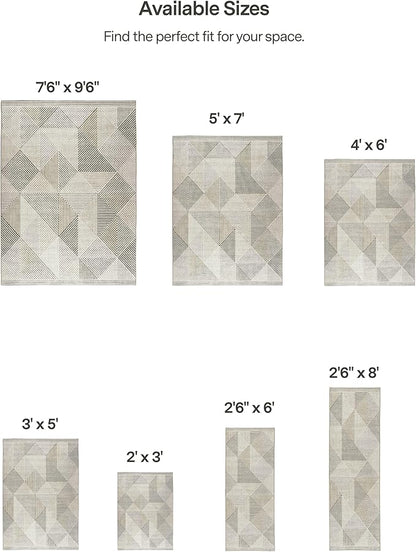 ReaLife Rugs Machine Washable Area Rug - Living Room Bedroom Bathroom Kitchen Entryway Office - Padded Low Pile Stain Resistant Premium - Modern Geometric Contemporary - Miles - Beige 5' x 7'