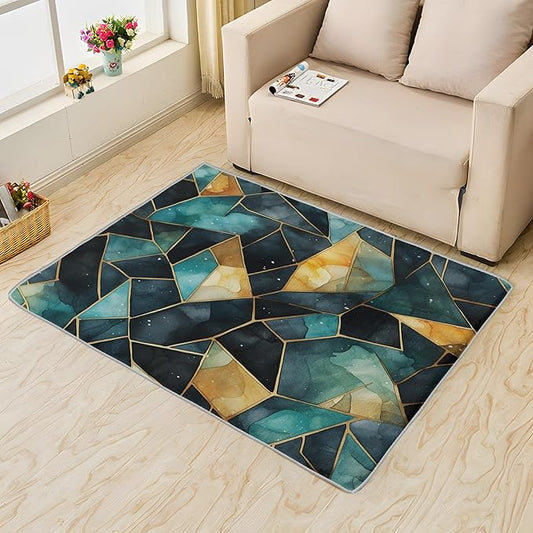 Blue and Gold Rug, 8x10 Rug, Watercolor Art Rugs for Living Room Bedroom, Luxury Large Area Rug, Washable Rug Non Slip Soft Indoor Carpet, Blue and Gold Home & Room Decor