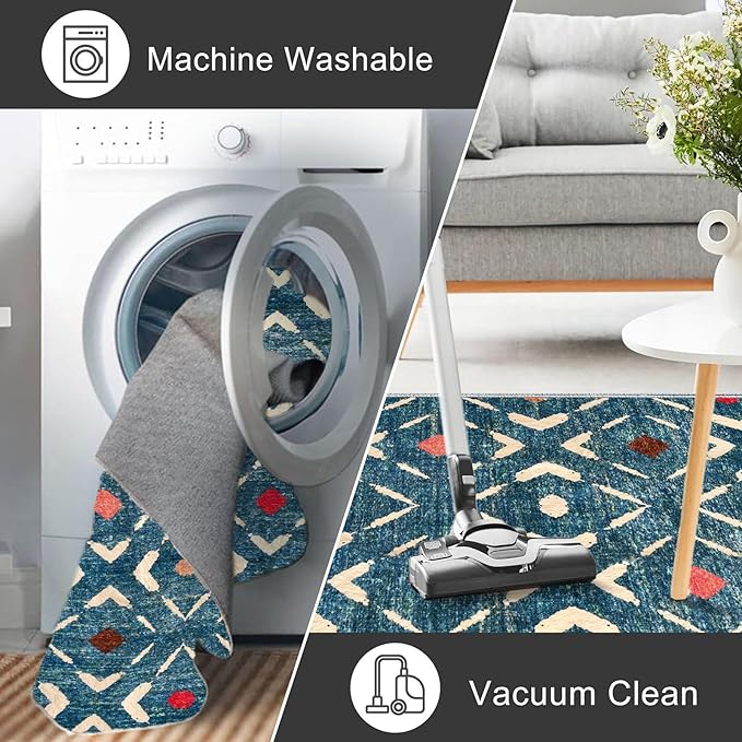 KILOCOCO Area Rug 3'x5' Rug for Entryway Washable Printed Bedroom Rugs Non Slip Boho Low-Pile Soft Rugs for Kitchen Dining Geometric Moroccan Carpet, Teal/Blue