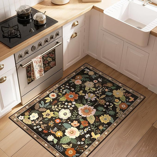 Floral 2x3 Area Rug Machine Washable Soft Print Boho Carpet Non Slip Doormat Low Pile Flower Area Rugs for Living Room Bedroom Nursery Kitchen Dining Room Indoor-Black/Yellow/Red