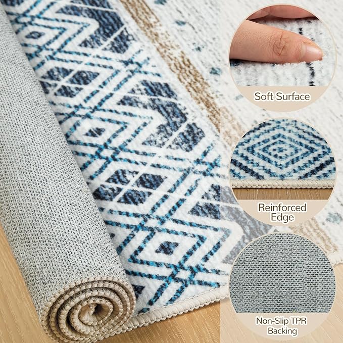 BESTSWEETIE 8x10 Area Rugs for Living Room Washable Moroccan Farmhouse Neutral Geometric Low Pile Non-Slip Soft Print Pattern Rug for Bedroom Kitchen Dining Room Entryway Blue/Brown