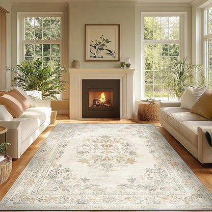 jinchan Vintage Floral 6x9 Area Rug for Living Room - Machine Washable Distressed Design Soft Throw Rug Ultra-Thin Non-Slip Large Carpet for Bedroom Nursery Dining Room Home Office (6x9ft, Light Grey)