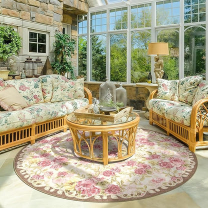 6ft Round Machine Washable Area Rug for Living Room, Pink Vintage Boho Floral Rug Large Non-Slip Low Pile Soft Faux Wool Carpet, Kids and Pets Friendly for Bedroom Nursery Farmhouse Home Decor Rug