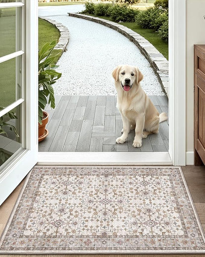 LUMI Indoor Thin Door Mat, 32x47 Washable Small Inside Doormat, Non Slip Low Pile Oriental Floor Carpet, Vintage Distressed Area Rug for Front Door,Entrance,Bedroom, Beige