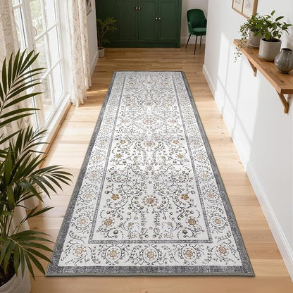 GarveeHome Boho 2x6 Runner Rug for Hallways Non Slip, Vintage Botanical Kitchen Rugs Washable Area Rug for Entryway Stain Resistant, Low Pile Soft Runner Grey Carpet for Bedroom Floor Laundry Room