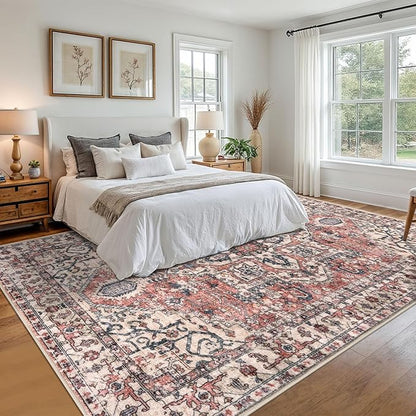 KOZYFLY Area Rug 9x12 Ft Thin Rugs for Living Room Washable Bedroom Rug Non Slip Rugs for Living Room Printed Faux Wool Vintage Bedroom Rug Floor Carpet for Dining Room, Terracotta/Beige