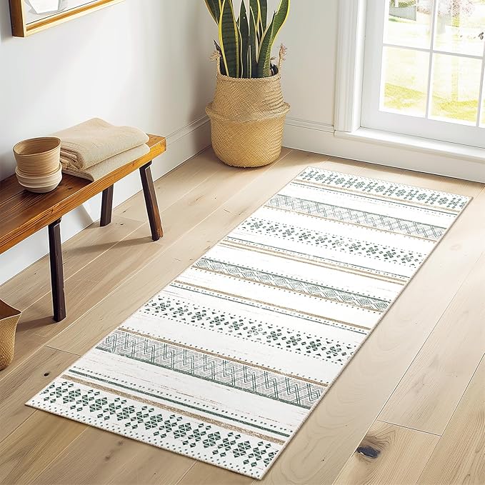 BESTSWEETIE 2x6 Area Rugs for Living Room Washable Moroccan Farmhouse Neutral Geometric Low Pile Non-Slip Soft Print Pattern Rug for Bedroom Kitchen Dining Room Entryway Green/Brown