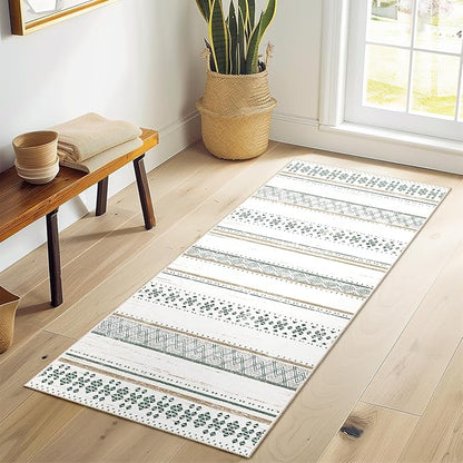 BESTSWEETIE 2x10 Area Rugs for Living Room Washable Moroccan Farmhouse Neutral Geometric Low Pile Non-Slip Soft Print Pattern Rug for Bedroom Kitchen Dining Room Entryway Green/Brown