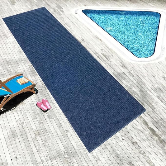 English Home Custom Size Non Slip Striped Design Durable PVC Non Slip Backing Tough Pile Runner Rug for Hallway, Outdoor, Indoor, Commercial, Residential, Pool, Office (Dark Blue, 26" x 20')