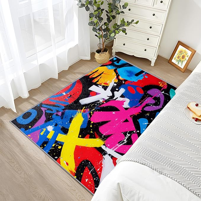 Geometric Rug, Colorful Abstract Pop Art Area Rugs 5x6, Retro Funky Art Non Slip Thin Carpets House Decor #C071