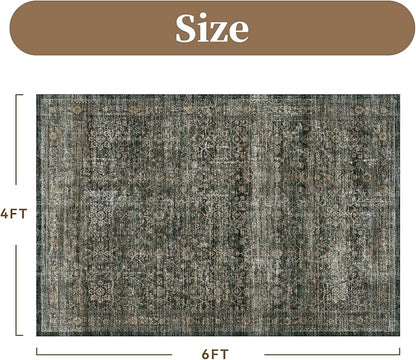 MontVoo-Vintage Area Rug 4X6 Green Rugs for Living Room-Soft Distressed Printed Rugs for Bedroom-Non Slip Carpet-Machine Washable Rug for Dining Room Living Room Bedside Office