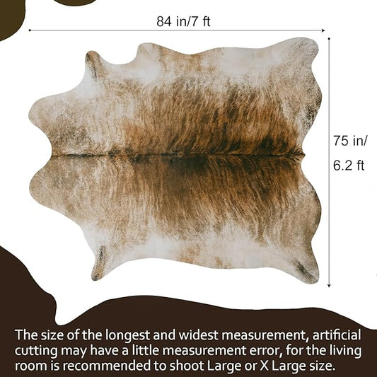 AROGAN Western Decor Faux Fur Cowhide Rug, 7 x 6.2 Feet Premium Animal Skin Cow Hide Rug, Durable Cow Print Rugs for Wall Decor, Western Floor Carpet for Bedroom Living Room, Brownish