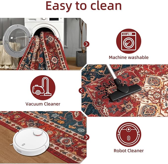 YJ.GWL Area Rugs for Living Room 8x10 Machine Washable Rugs, Non Slip Floral Vintage Rug Indoor Carpet, Stain Resistant Large Rug for Bedroom Dining Room, Orange-Red