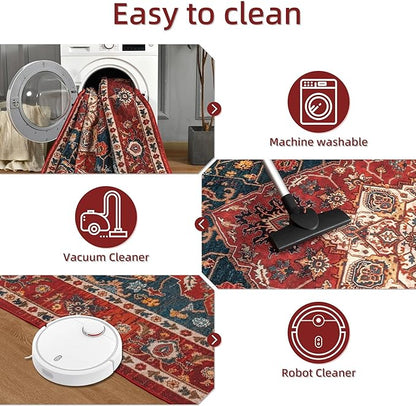 YJ.GWL Area Rugs for Living Room 10x14 Machine Washable Rugs, Non Slip Floral Vintage Rug Indoor Carpet, Stain Resistant Large Rug for Bedroom Dining Room, Orange-Red