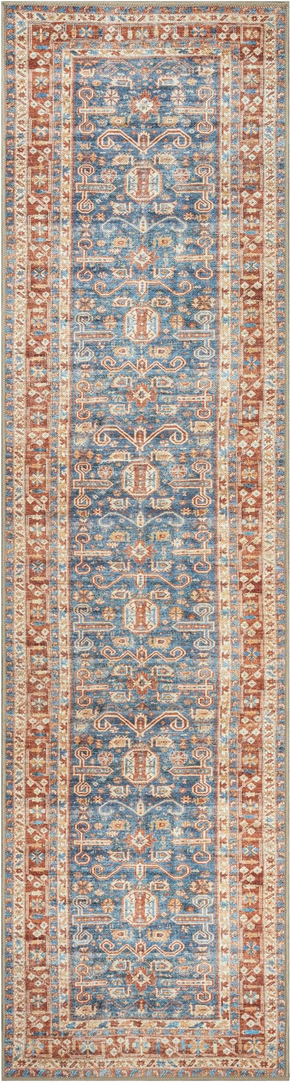 GLN Rugs Traditional Collection - Machine Washable Area Rug, Traditional Washable, Non Slip, Low Pile Chenille Rug, Living Room, Bedroom, Kitchen Rug (2'6" x 10' Terra/Slate Blue)