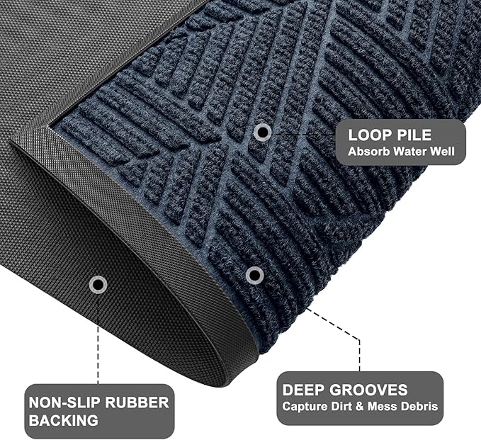 Kitinjoy Front Door Mat Outside Entrance, Sturdy Natural Dirt Trapper, Heavy Duty Rubber Doormat, Low Profile Non-Slip Backing, Easy Clean Floor Mat for Indoor Outdoor Entry, 29.5X17 Inch, Navy Blue
