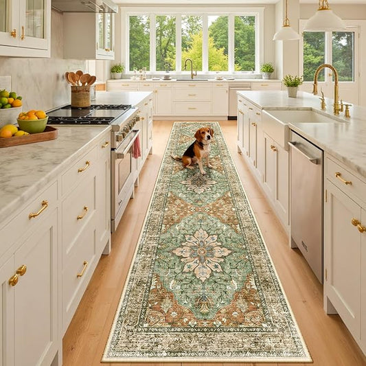 Area Rugs 2'x10' Washable Non-Slip, Floral Vintage Distress Print Pattern Medallion Carpet for Living Room Bedroom Dining Room, Brick Red Rust Neutral Brown Burnt Orange Green