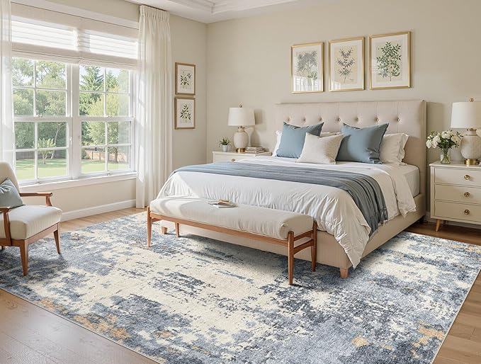 5x7 Area Rug Living Room Rugs - Washable Neutral Modern Abstract Soft Thin Rug Indoor Floor No Slip Rug Carpet for Bedroom Under Dining Table Home Office Decor - Blue/Light Brown