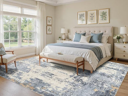 5x7 Area Rug Living Room Rugs - Washable Neutral Modern Abstract Soft Thin Rug Indoor Floor No Slip Rug Carpet for Bedroom Under Dining Table Home Office Decor - Blue/Light Brown