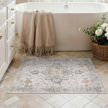 Area Rug 2x3 Doormat, Machine Washable Low Pile Rugs, Small Retro Entryway Mat for Entrance, Hallway, Kitchen and Corridor, Light Taupe Brown