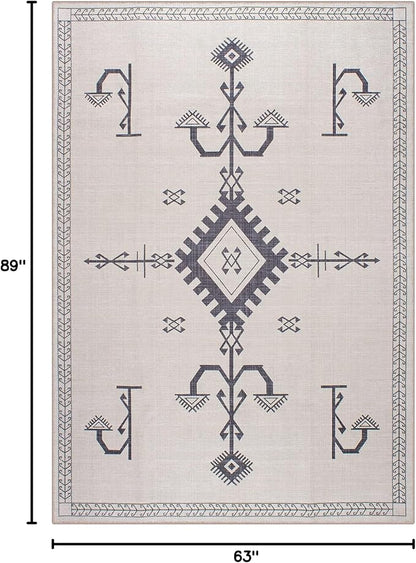 GLN Rugs Contemporary Collection - Machine Washable Area Rug, Contemporary Washable, Non Slip, Low Pile Chenille Rug, Living Room, Bedroom, Kitchen Rug (5' x 7' Cream/Anthracite)