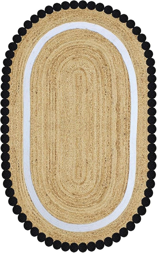 Oval Jute Runner 2x8 Flatweave Kilim Runner Hand Braided Jute Thick 0.27" Solid Pattern Black Beige Natural Oval Handmade Boho Indoor Outdoor Rugs for Kitchen Hallway Enterway