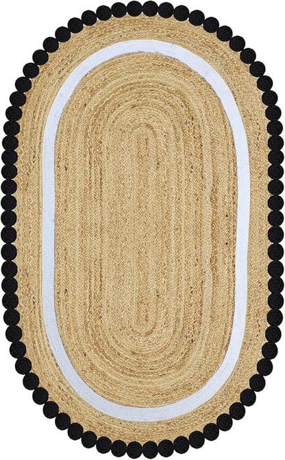 Oval Jute Runner 4x20 Flatweave Kilim Runner Hand Braided Jute Thick 0.27" Solid Pattern Black Beige Natural Oval Handmade Boho Indoor Outdoor Rugs for Hallway Enterway Stair Corridor