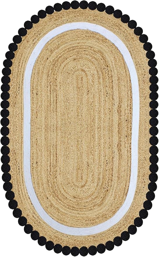Oval Jute Runner 6x12 Flatweave Kilim Runner Hand Braided Jute Thick 0.27" Solid Pattern Black Beige Natural Oval Handmade Boho Indoor Outdoor Rugs for Hallway Enterway Corridor