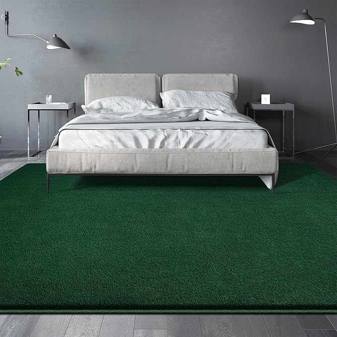 Large Area Rugs for Living Room Bedroom, 7x10 Feet Dark Green Rug, Minimalist Modern Shag Rug, Soft Thick Memory Foam Indoor Carpet, Non-Slip Washable Rug for Boys Girls Dorm Nursery Room Home Decor