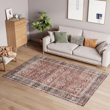 Dripex Vintage Washable Area Rug - 4x6 Distressed Rugs for Living Room Bedroom Oriental Medallion Floral Print Carpet Low-Pile Indoor Soft Non-Slip Accent Rug Farmhouse Office Home Decor