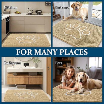 OLANLY Dog Door Mat for Muddy Paws 47x32, Paw Print Design, Absorbs Moisture and Dirt, Absorbent Non-Slip Washable Doormat, Quick Dry Chenille Mud Mat for Dogs, Entry Indoor Entryway Carpet, Beige