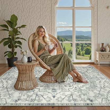 Lahome Area Rug 4x6 Bohemian Vintage Washable Boho Rugs for Bedroom Aesthetic, Beige Rugs for Living Room, Floral Medallion Soft Non-Slip Non-Shedding Faux Wool Rug for Entryway Kitchen Dining Table