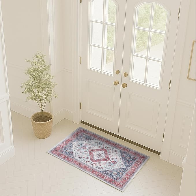 Fame Rugs Turkish Rug. Washable Vintage Oriental Antique Inspired Traditional Doormat Small Modern Area Rugs Luxury Entryway Entry Bedroom Bathroom Kitchen (402RN, 2' x 3')