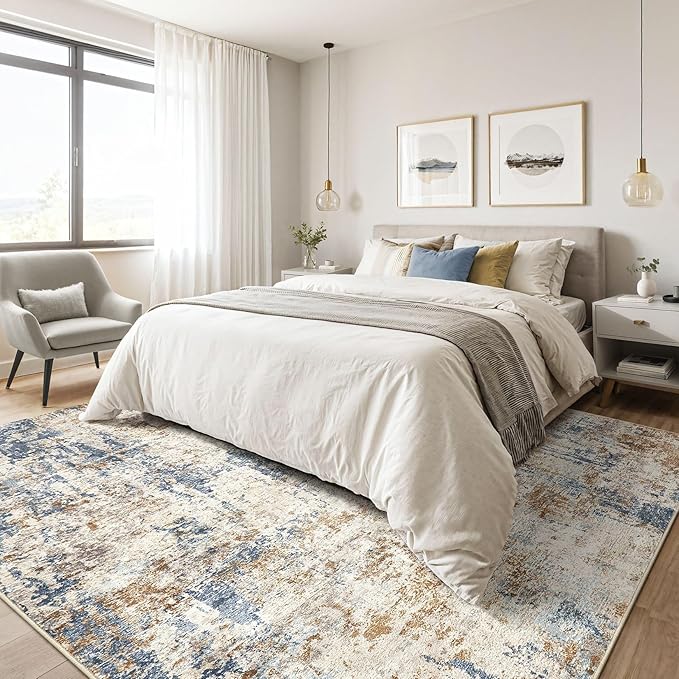 9x12 Area Rug Washable Rugs: Living Room Large Abstract Modern Soft Stain Resistant Indoor Floor Non Slip Accent Carpet for Bedroom Nursery Playroom Office Dining Room Dorm Home House- Tan