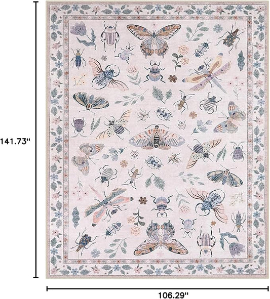 Lahome Insect 9x12 Area Rugs for Living Room Bedroom, Soft Washable Rugs 9x12 Stain Resistant, Ultra-Thin Non-Slip Non-Shedding Accent Carpet for Dining Room Office, Pink