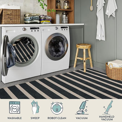 Lahome Striped Easy Jute Kitchen Runner, 2x6 Washable Rug Runners for Hallways Non Slip Entryway Rug, Farmhouse Neutral Indoor Outdoor Black Carpet for Laundry Room Front Porch