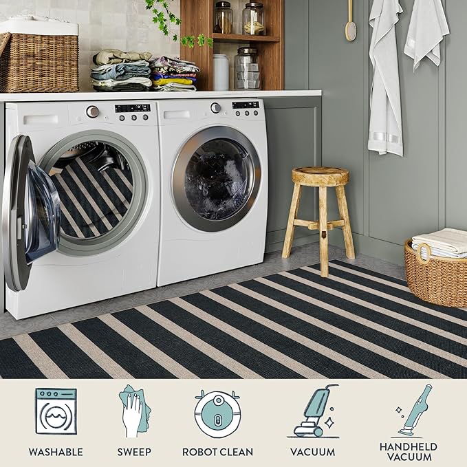 Lahome Striped Easy Jute 3x5 Outdoor Patio Porch Rug, Washable Rugs for Entryway Geometric Indoor Outdoor Living Room Carpet, Farmhouse Neutral Non Slip Black Carpet for Backyard Bedroom