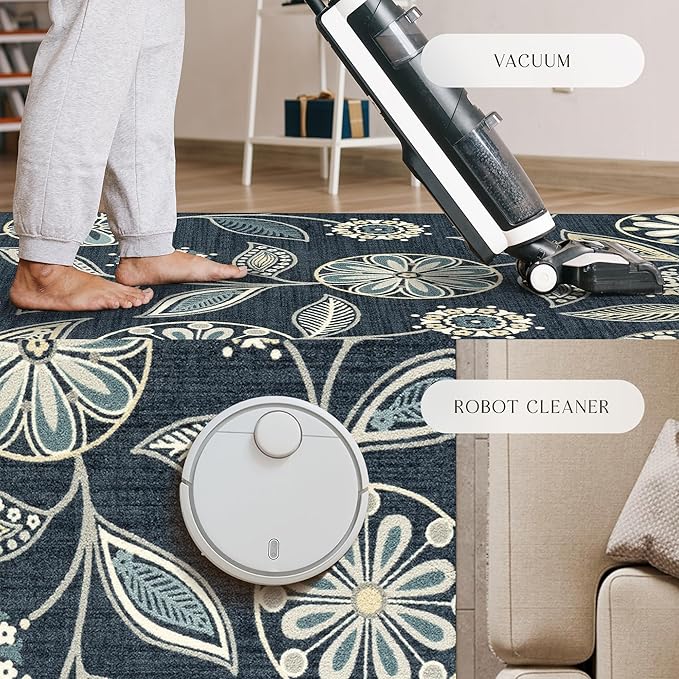 Maples Rugs Reggie Floral Area Rug - Made in USA - Low Pile, Non Slip, Pet-Friendly Mat for Living Room, Bedroom, and Office, 5' x 7', Persian Blue