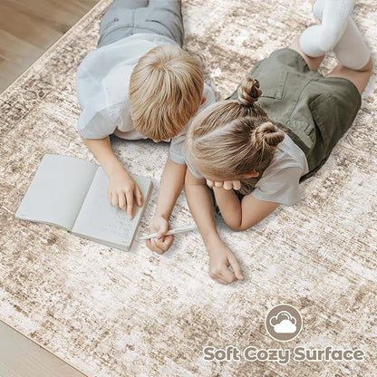 Area Rug 5x7 Washable Rug, Vintage Boho Medallion Rugs Non-Slip Soft Low Pile Large Distressed Rug Indoor Retro Carpet for Living Room Bedroom Dining Room Home Office (Brown, 5'x7')
