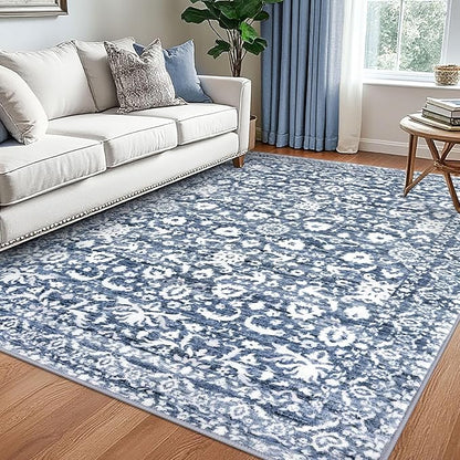 Vintage Floral 5x7 Rug, Light Blue White Washable Area Rug for Bedroom, Non Slip Living Room Rug Thin Print Faux Wool Super Soft Floor Carpet for Nursery Playroom Dining Room Indoor Office
