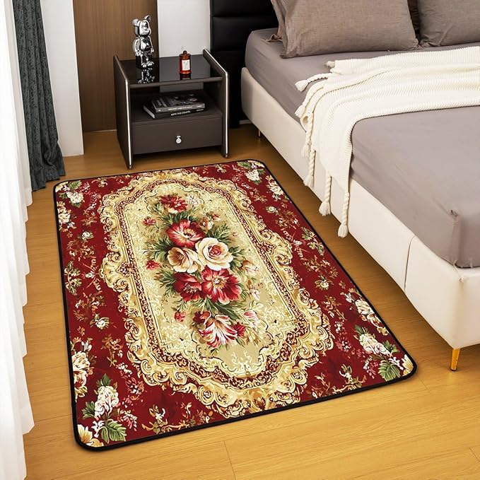 Elegant Red Floral Large Area Rug 5x7 Gold Geometric Living Room Rug | Bohemian Nordic Floral Rugs for Bedroom, Antique Decor Victorian Damask Carpet Indoor Floor Mat