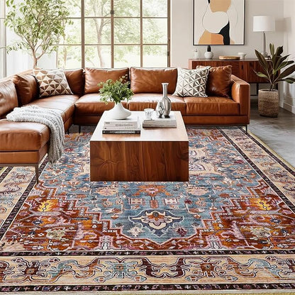 8x10 Large Area Rugs for Living Room, Washable Vintage Rugs-Low Pile Carpet, Non-Slip Soft Distressed Printed Patterns Rugs for Bedroom, Dining Room, Rust Brown