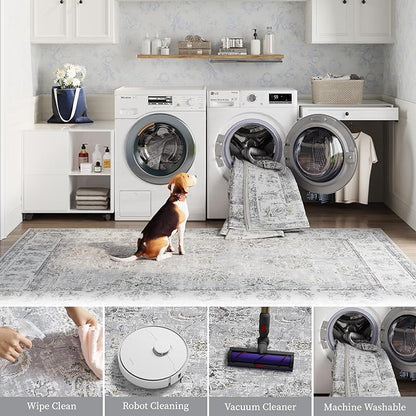 jinchan Fiora Hallway Runner Rug 3x7 Machine Washable Runner Rug Grey Vintage Floral Design Non-Slip Low Pile Ultra-Thin for Kitchen Laundry Room Bedroom Farmhouse (3‘x7', Grey)