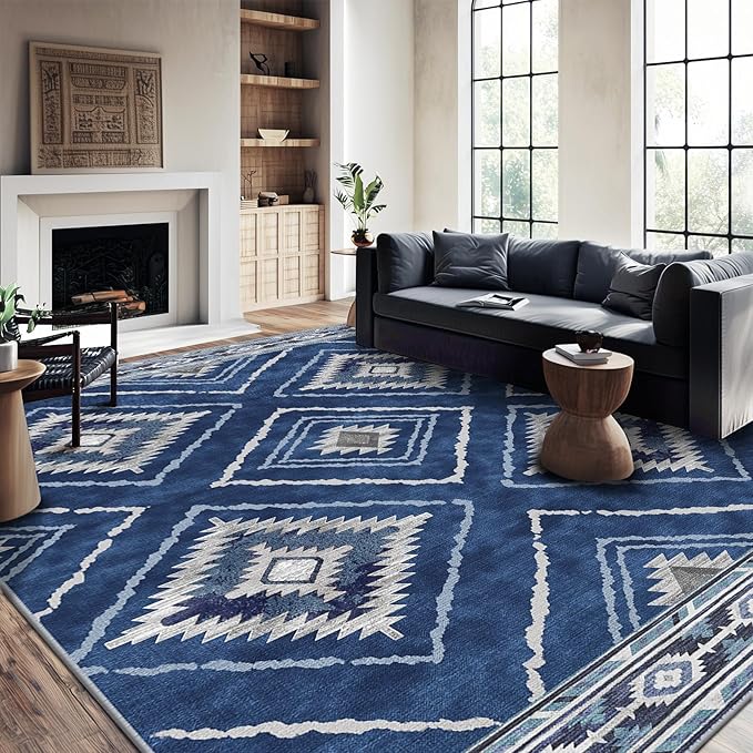 Area Rug 9x12 Rug Machine Washable Non-Slip Low Pile Print Pattern Western Rug for Living Room Bedroom Entryway Tribal Series -Blue/Gray