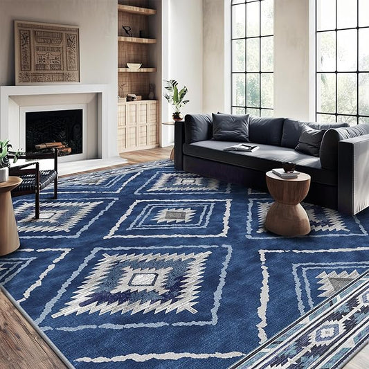 Area Rug 9x12 Rug Machine Washable Non-Slip Low Pile Print Pattern Western Rug for Living Room Bedroom Entryway Tribal Series -Blue/Gray