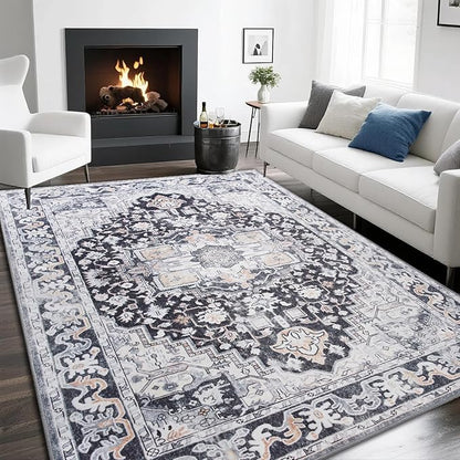 8x10 Large Area Rugs for Living Room, Washable Vintage Rugs-Low Pile Carpet, Non-Slip Soft Distressed Printed Patterns Rugs for Bedroom, Dining Room, Black