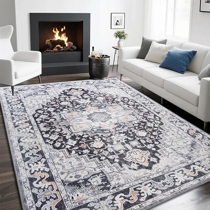 Washable Area Rug 3x5, Low Pile Super Soft Carpet, Vitnage Distressed Rug for Bedroom, Living Room, Dining Room, Non-Slip, Low Pile, Black