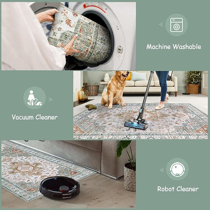 Moynesa Ultra-Thin Washable Runner - 2'6" x 8' Hallway Rug, Kitchen & Bathroom Carpet, Vintage Printed Low Pile Entryway Runner for Apartment, Camper, RV, Beige/Gold