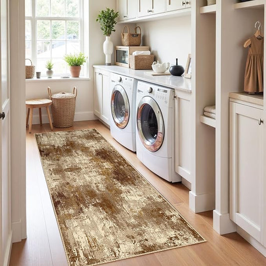 Washable Area Rugs 2'x6' Non-Slip Modern Abstract Soft for Living Room Entryway Bedroom Nursery, Print Pattern, Brown Tan Beige Coffee