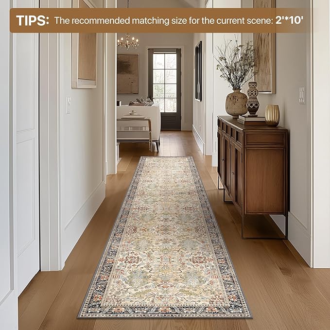 Bavni Runner Rug Non Slip for Bathroom Kitchen Hallway 2x5 Washable Runner Boho Bedsied Rugs Floor Runner for Entryway Laundry, Soft Low Pile Rugf, Ivory/Teal